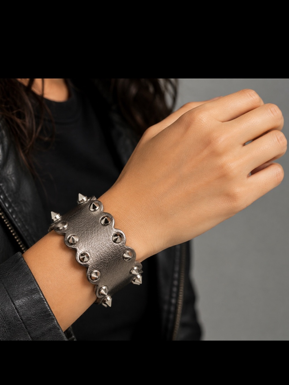 Silver Metallic Faux Leather Spike Studded Punk Rock Bracelet Cuff